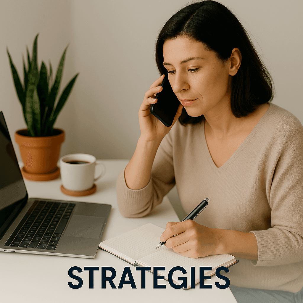 Woman at desk on a phone call, writing in a notebook, laptop and coffee cup nearby.