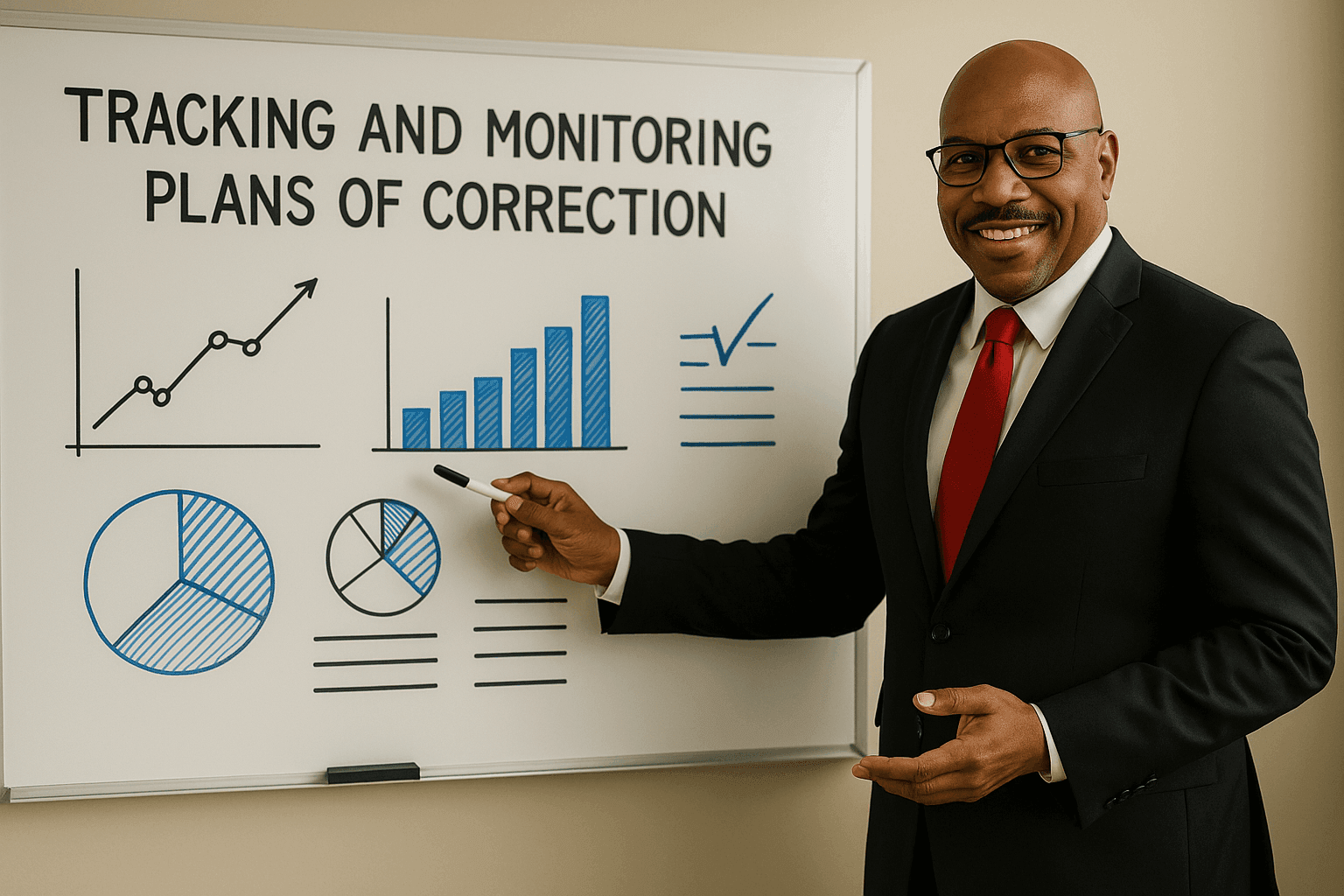 Person in suit presenting graphs and charts on a whiteboard titled Tracking and Monitoring Plans of Correction.