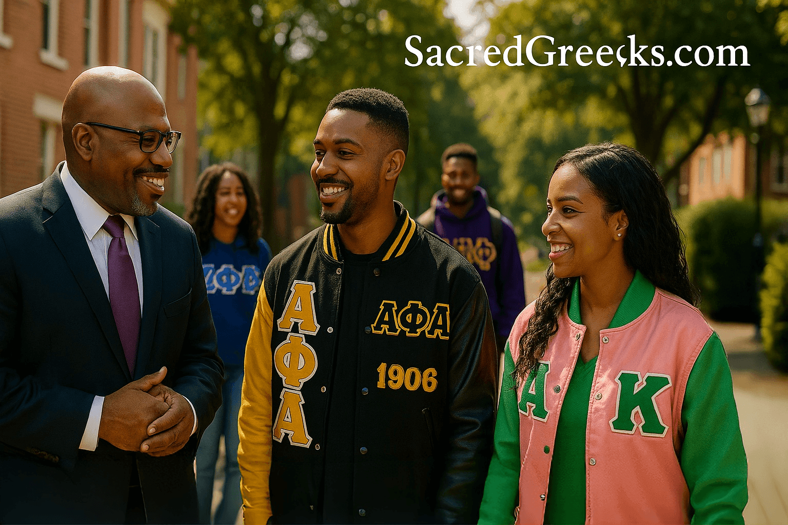 Group of people wearing Greek letter jackets walking and smiling outdoors.