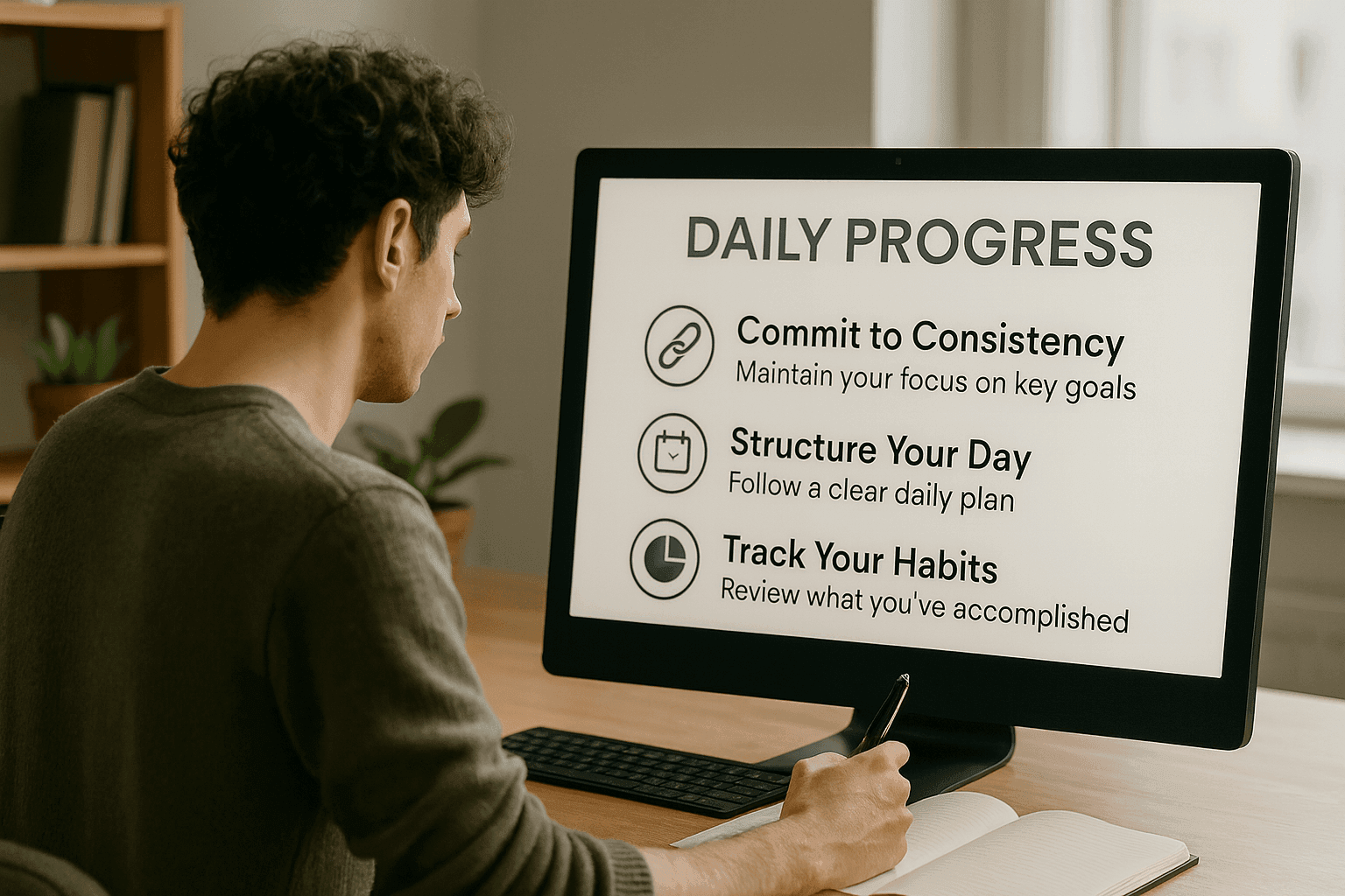 Person studying daily progress tips on a computer screen in a home office setting.