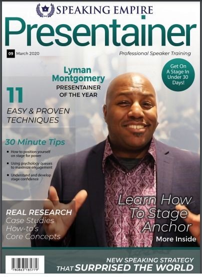 Magazine cover of Presentainer featuring a speaker with headlines on presentation techniques and strategies.
