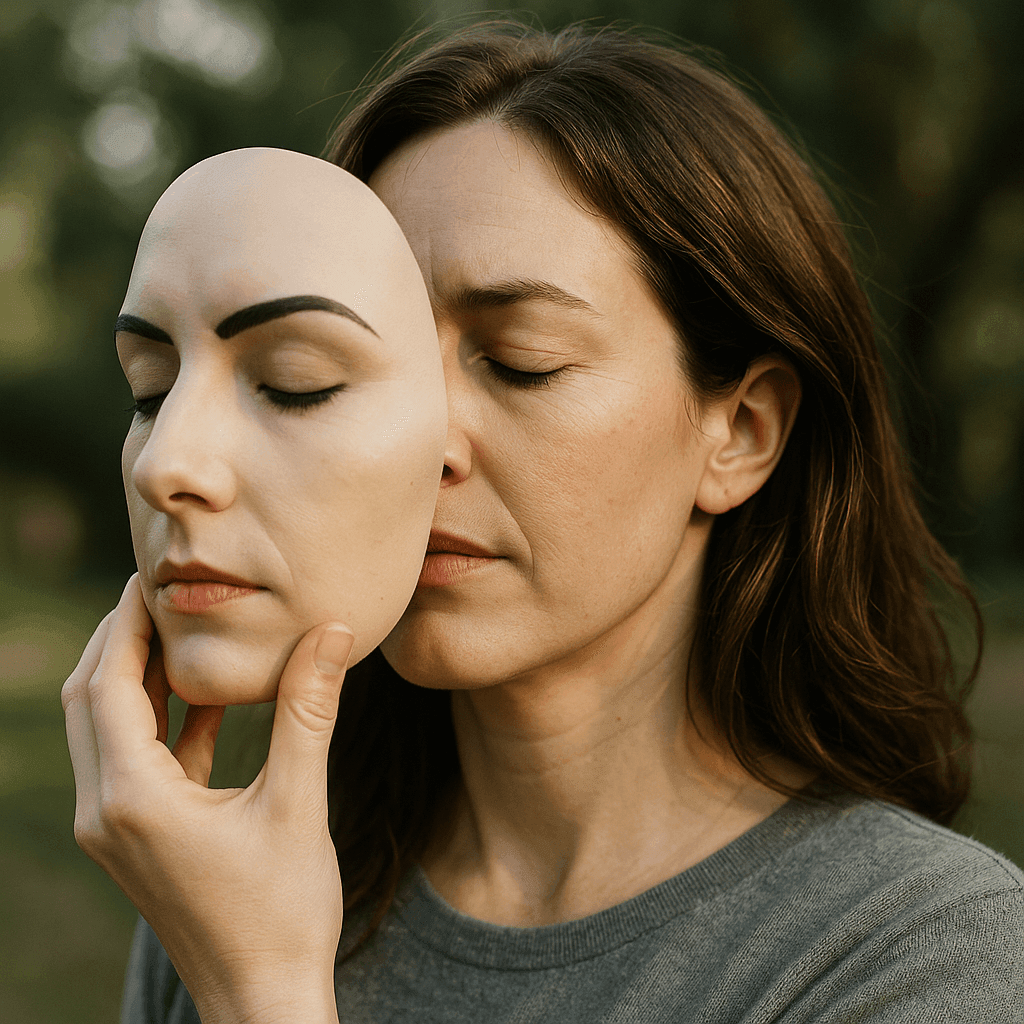 Person with long brown hair standing outdoors in a natural, green setting.