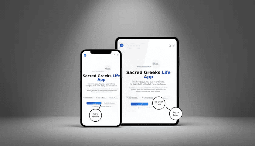 Sacred Greeks Life App shown on smartphone and tablet, Christian Greek Life tool to help members follow Jesus with clarity and confidence