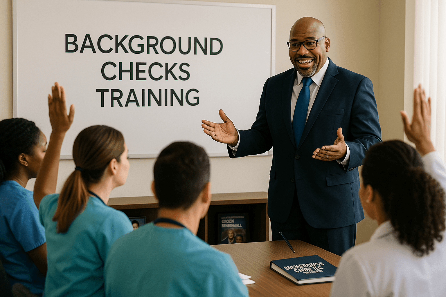 Man in suit giving a presentation on background checks to a group of trainees wearing scrubs.