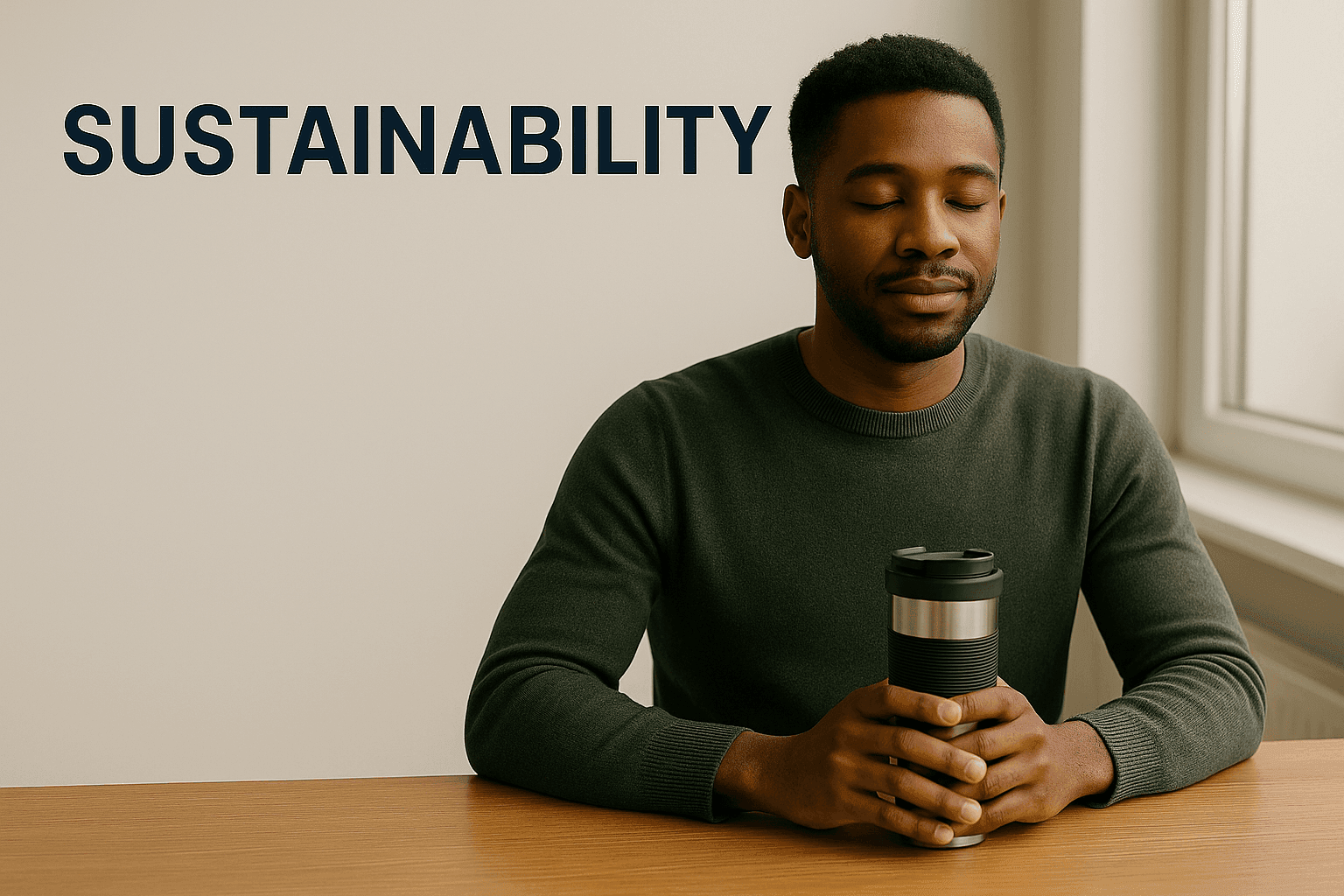 Person sitting with a reusable coffee cup, eyes closed, with 'Sustainability' text above.