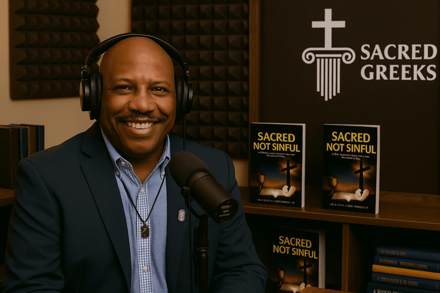 Sacred Greeks founder Dr. Lyman Montgomery speaking into a microphone with Sacred, Not Sinful BGLO apologetics books behind him